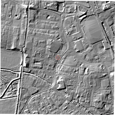 Shaded relief map of the ground around NG103FY, computed from Environment Agency LiDAR. The ground here sits at about 30 m above sea level and falls 8 m across the surrounding 800 m. Surface water reaching this point runs off ground lying to the north-west, 2.2 m higher.