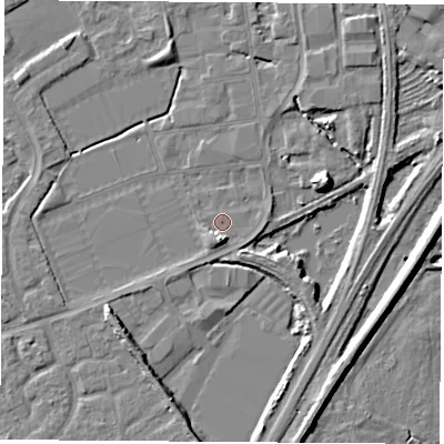 Shaded relief map of the ground around NG103FZ, computed from Environment Agency LiDAR. The ground here sits at about 29 m above sea level and falls 8 m across the surrounding 800 m. Surface water reaching this point runs off ground lying to the south, 4.1 m higher.