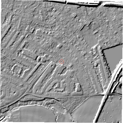 Shaded relief map of the ground around NG103GA, computed from Environment Agency LiDAR. The ground here sits at about 30 m above sea level and falls 7 m across the surrounding 800 m. Surface water reaching this point runs off ground lying to the south-south-east, 1.5 m higher.