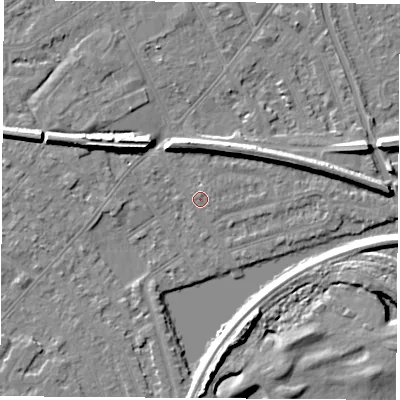 Shaded relief map of the ground around NG103GD, computed from Environment Agency LiDAR. The ground here sits at about 30 m above sea level and falls 8 m across the surrounding 800 m. Surface water reaching this point runs off ground lying to the north-west, 6.5 m higher.