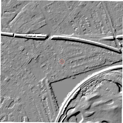 Shaded relief map of the ground around NG103GE, computed from Environment Agency LiDAR. The ground here sits at about 29 m above sea level and falls 8 m across the surrounding 800 m. Surface water reaching this point runs off ground lying to the north-west, 6.5 m higher.