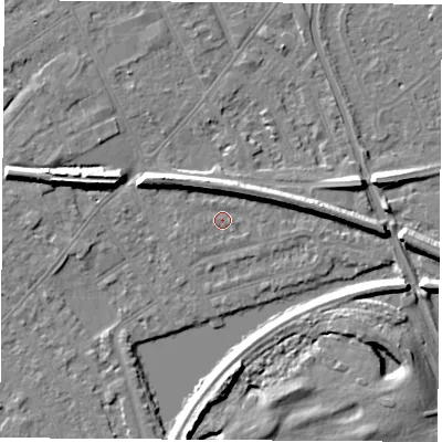 Shaded relief map of the ground around NG103GF, computed from Environment Agency LiDAR. The ground here sits at about 30 m above sea level and falls 8 m across the surrounding 800 m. Surface water reaching this point runs off ground lying to the west-north-west, 7.2 m higher.