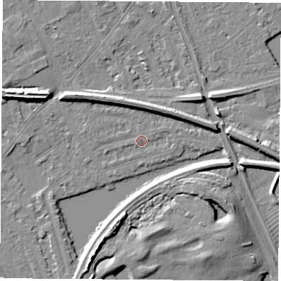 Shaded relief map of the ground around NG103GG, computed from Environment Agency LiDAR. The ground here sits at about 30 m above sea level and falls 8 m across the surrounding 800 m. Surface water reaching this point runs off ground lying to the north-north-east, 6.2 m higher.