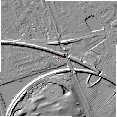Shaded relief map of the ground around NG103GH, computed from Environment Agency LiDAR. The ground here sits at about 30 m above sea level and falls 8 m across the surrounding 800 m. Surface water reaching this point runs off ground lying to the west-north-west, 5.3 m higher.