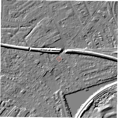 Shaded relief map of the ground around NG103GL, computed from Environment Agency LiDAR. The ground here sits at about 30 m above sea level and falls 7 m across the surrounding 800 m. Surface water reaching this point runs off ground lying to the west, 1.1 m higher.
