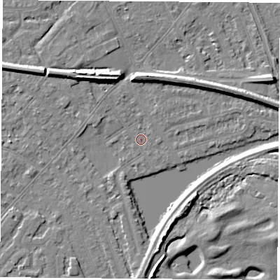 Shaded relief map of the ground around NG103GN, computed from Environment Agency LiDAR. The ground here sits at about 29 m above sea level and falls 8 m across the surrounding 800 m. Surface water reaching this point runs off ground lying to the north-west, 6.4 m higher.