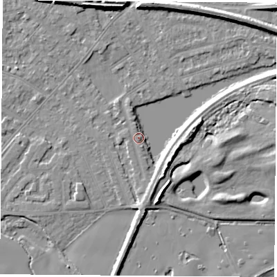 Shaded relief map of the ground around NG103GP, computed from Environment Agency LiDAR. The ground here sits at about 30 m above sea level and falls 7 m across the surrounding 800 m. Surface water reaching this point runs off ground lying to the east-north-east, 7.2 m higher.