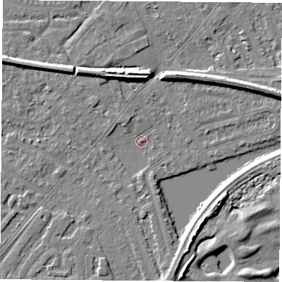 Shaded relief map of the ground around NG103GQ, computed from Environment Agency LiDAR. The ground here sits at about 30 m above sea level and falls 7 m across the surrounding 800 m. Surface water reaching this point runs off ground lying to the north-north-west, 6.3 m higher.