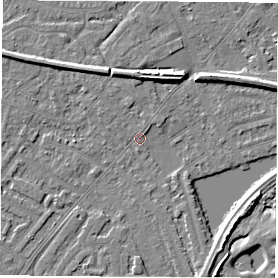 Shaded relief map of the ground around NG103GR, computed from Environment Agency LiDAR. The ground here sits at about 30 m above sea level and falls 7 m across the surrounding 800 m. Surface water reaching this point runs off ground lying to the north, 5.5 m higher.