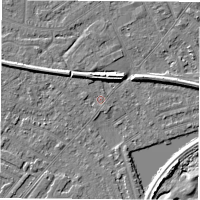 Shaded relief map of the ground around NG103GS, computed from Environment Agency LiDAR. The ground here sits at about 30 m above sea level and falls 7 m across the surrounding 800 m. Surface water reaching this point runs off ground lying to the north-north-west, 5.3 m higher.