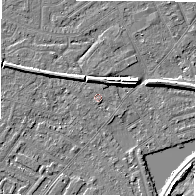 Shaded relief map of the ground around NG103GT, computed from Environment Agency LiDAR. The ground here sits at about 31 m above sea level and falls 7 m across the surrounding 800 m. Surface water reaching this point runs off ground lying to the north-west, 0.9 m higher.