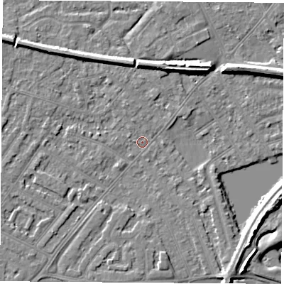 Shaded relief map of the ground around NG103GU, computed from Environment Agency LiDAR. The ground here sits at about 30 m above sea level and falls 7 m across the surrounding 800 m. Surface water reaching this point runs off ground lying to the north-north-west, 1.4 m higher.