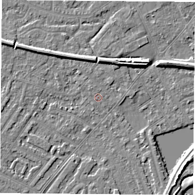 Shaded relief map of the ground around NG103GW, computed from Environment Agency LiDAR. The ground here sits at about 30 m above sea level and falls 7 m across the surrounding 800 m. Surface water reaching this point runs off ground lying to the north-north-west, 1.2 m higher.