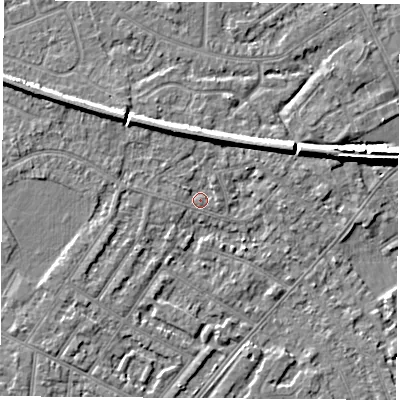 Shaded relief map of the ground around NG103GX, computed from Environment Agency LiDAR. The ground here sits at about 31 m above sea level and falls 6 m across the surrounding 800 m. Surface water reaching this point runs off ground lying to the north, 1.0 m higher.