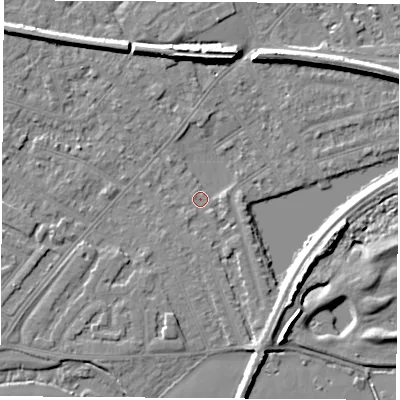 Shaded relief map of the ground around NG103GZ, computed from Environment Agency LiDAR. The ground here sits at about 30 m above sea level and falls 7 m across the surrounding 800 m. Surface water reaching this point runs off ground lying to the south-south-east, 2.9 m higher.