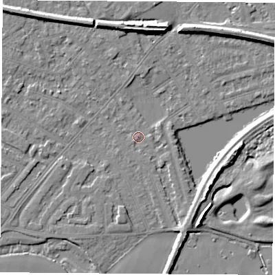 Shaded relief map of the ground around NG103HA, computed from Environment Agency LiDAR. The ground here sits at about 30 m above sea level and falls 7 m across the surrounding 800 m. Surface water reaching this point runs off ground lying to the south-east, 2.9 m higher.