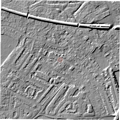 Shaded relief map of the ground around NG103HB, computed from Environment Agency LiDAR. The ground here sits at about 30 m above sea level and falls 7 m across the surrounding 800 m. Surface water reaching this point runs off ground lying to the north-north-east, 4.7 m higher.