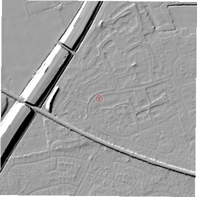 Shaded relief map of the ground around NG103HE, computed from Environment Agency LiDAR. The ground here sits at about 31 m above sea level and falls 12 m across the surrounding 800 m. Surface water reaching this point runs off ground lying to the west, 5.7 m higher.