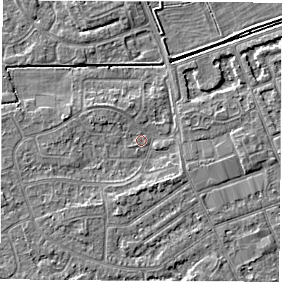 Shaded relief map of the ground around NG103HF, computed from Environment Agency LiDAR. The ground here sits at about 30 m above sea level and falls 4 m across the surrounding 800 m. Surface water reaching this point runs off ground lying to the south-south-west, 2.2 m higher.