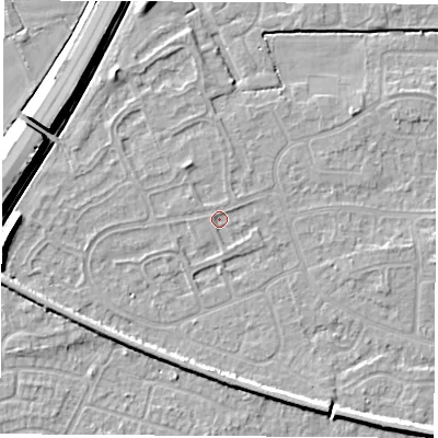 Shaded relief map of the ground around NG103HG, computed from Environment Agency LiDAR. The ground here sits at about 31 m above sea level and falls 9 m across the surrounding 800 m. Surface water reaching this point runs off ground lying to the south-south-east, 0.6 m higher.