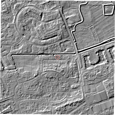 Shaded relief map of the ground around NG103HJ, computed from Environment Agency LiDAR. The ground here sits at about 30 m above sea level and falls 3 m across the surrounding 800 m. Surface water reaching this point runs off ground lying to the south, 3.2 m higher.
