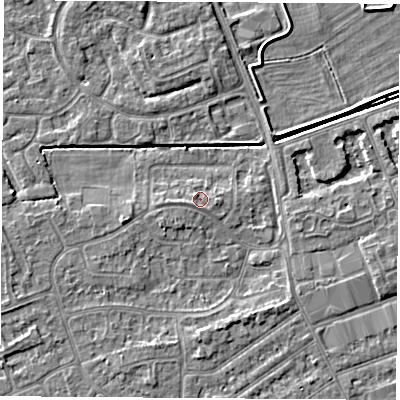 Shaded relief map of the ground around NG103HN, computed from Environment Agency LiDAR. The ground here sits at about 30 m above sea level and falls 3 m across the surrounding 800 m. Surface water reaching this point runs off ground lying to the south-west, 0.8 m higher.