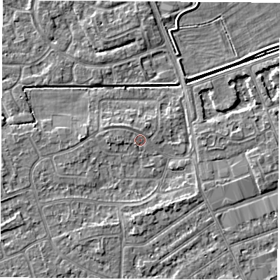 Shaded relief map of the ground around NG103HP, computed from Environment Agency LiDAR. The ground here sits at about 30 m above sea level and falls 3 m across the surrounding 800 m. Surface water reaching this point runs off ground lying to the south, 2.2 m higher.