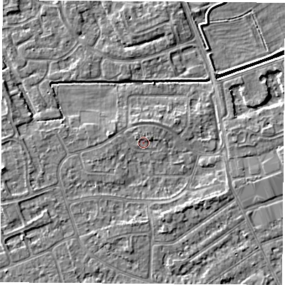 Shaded relief map of the ground around NG103HQ, computed from Environment Agency LiDAR. The ground here sits at about 31 m above sea level and falls 4 m across the surrounding 800 m. Surface water reaching this point runs off ground lying to the west-north-west, 1.2 m higher.
