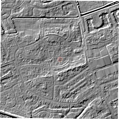 Shaded relief map of the ground around NG103HR, computed from Environment Agency LiDAR. The ground here sits at about 30 m above sea level and falls 5 m across the surrounding 800 m. Surface water reaching this point runs off ground lying to the south-south-east, 1.7 m higher.