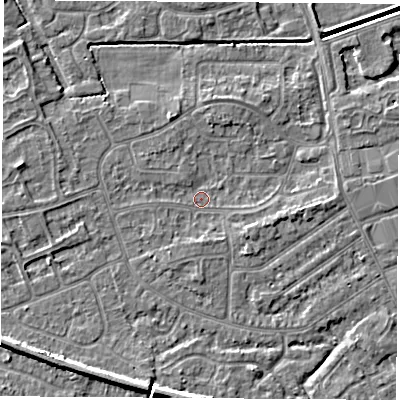 Shaded relief map of the ground around NG103HS, computed from Environment Agency LiDAR. The ground here sits at about 30 m above sea level and falls 5 m across the surrounding 800 m. Surface water reaching this point runs off ground lying to the east-south-east, 1.7 m higher.