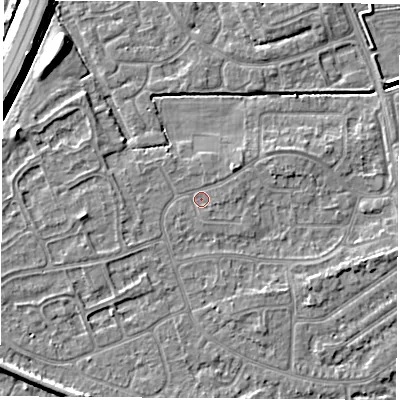 Shaded relief map of the ground around NG103HT, computed from Environment Agency LiDAR. The ground here sits at about 31 m above sea level and falls 7 m across the surrounding 800 m. Surface water reaching this point runs off ground lying to the east-north-east, 0.6 m higher.