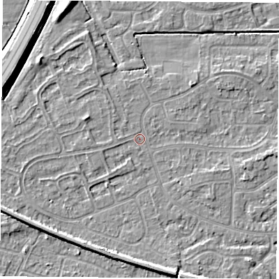 Shaded relief map of the ground around NG103HU, computed from Environment Agency LiDAR. The ground here sits at about 31 m above sea level and falls 7 m across the surrounding 800 m. Surface water reaching this point runs off ground lying to the west-north-west, 1.5 m higher.