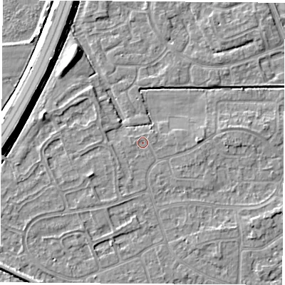 Shaded relief map of the ground around NG103HW, computed from Environment Agency LiDAR. The ground here sits at about 31 m above sea level and falls 7 m across the surrounding 800 m. The ground contributing surface water to this point lies to the west.