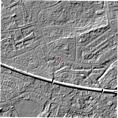 Shaded relief map of the ground around NG103HX, computed from Environment Agency LiDAR. The ground here sits at about 30 m above sea level and falls 6 m across the surrounding 800 m. Surface water reaching this point runs off ground lying to the south-east, 4.3 m higher.