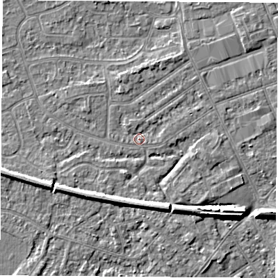 Shaded relief map of the ground around NG103HY, computed from Environment Agency LiDAR. The ground here sits at about 31 m above sea level and falls 7 m across the surrounding 800 m. Surface water reaching this point runs off ground lying to the north-east, 1.0 m higher.