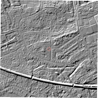 Shaded relief map of the ground around NG103HZ, computed from Environment Agency LiDAR. The ground here sits at about 31 m above sea level and falls 6 m across the surrounding 800 m. Surface water reaching this point runs off ground lying to the north-east, 1.0 m higher.