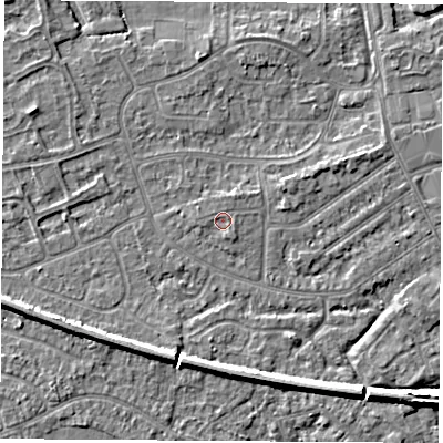Shaded relief map of the ground around NG103JA, computed from Environment Agency LiDAR. The ground here sits at about 31 m above sea level and falls 6 m across the surrounding 800 m. Surface water reaching this point runs off ground lying to the south-south-east, 0.5 m higher.