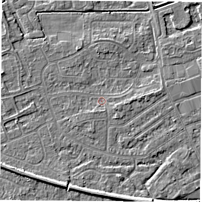 Shaded relief map of the ground around NG103JB, computed from Environment Agency LiDAR. The ground here sits at about 30 m above sea level and falls 6 m across the surrounding 800 m. Surface water reaching this point runs off ground lying to the east, 1.4 m higher.