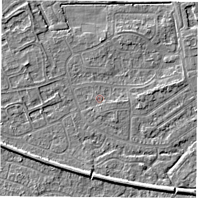 Shaded relief map of the ground around NG103JD, computed from Environment Agency LiDAR. The ground here sits at about 31 m above sea level and falls 6 m across the surrounding 800 m. Surface water reaching this point runs off ground lying to the south-south-east, 0.6 m higher.