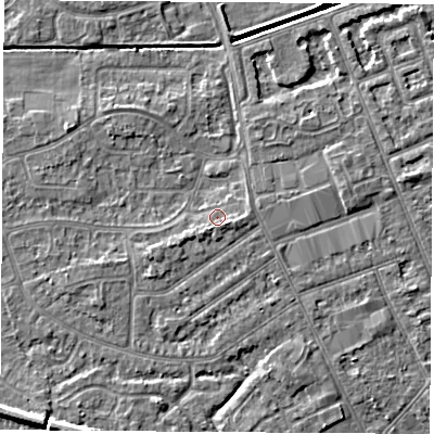 Shaded relief map of the ground around NG103JE, computed from Environment Agency LiDAR. The ground here sits at about 31 m above sea level and falls 5 m across the surrounding 800 m. Surface water reaching this point runs off ground lying to the east-south-east, 1.4 m higher.