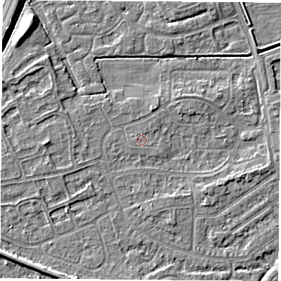 Shaded relief map of the ground around NG103JF, computed from Environment Agency LiDAR. The ground here sits at about 31 m above sea level and falls 7 m across the surrounding 800 m. The ground contributing surface water to this point lies to the north-north-east.