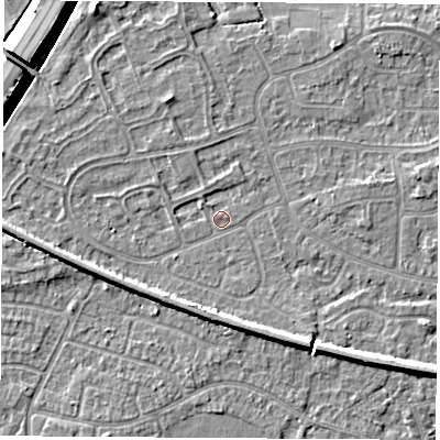 Shaded relief map of the ground around NG103JG, computed from Environment Agency LiDAR. The ground here sits at about 31 m above sea level and falls 8 m across the surrounding 800 m. Surface water reaching this point runs off ground lying to the south-east, 3.6 m higher.