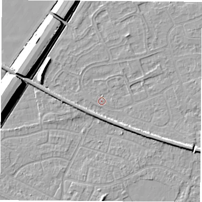 Shaded relief map of the ground around NG103JH, computed from Environment Agency LiDAR. The ground here sits at about 31 m above sea level and falls 11 m across the surrounding 800 m. Surface water reaching this point runs off ground lying to the west-north-west, 5.9 m higher.