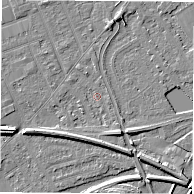Shaded relief map of the ground around NG103JL, computed from Environment Agency LiDAR. The ground here sits at about 30 m above sea level and falls 8 m across the surrounding 800 m. Surface water reaching this point runs off ground lying to the south, 5.2 m higher.