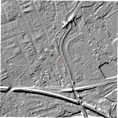 Shaded relief map of the ground around NG103JN, computed from Environment Agency LiDAR. The ground here sits at about 30 m above sea level and falls 8 m across the surrounding 800 m. Surface water reaching this point runs off ground lying to the south, 5.2 m higher.