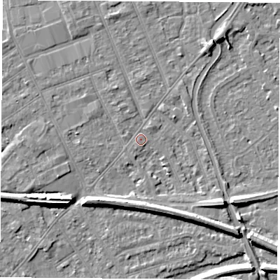 Shaded relief map of the ground around NG103JP, computed from Environment Agency LiDAR. The ground here sits at about 30 m above sea level and falls 7 m across the surrounding 800 m. Surface water reaching this point runs off ground lying to the west, 1.4 m higher.