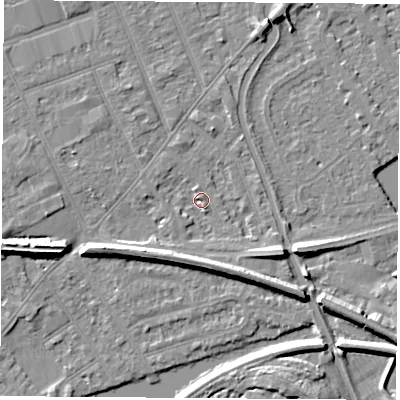 Shaded relief map of the ground around NG103JQ, computed from Environment Agency LiDAR. The ground here sits at about 30 m above sea level and falls 8 m across the surrounding 800 m. Surface water reaching this point runs off ground lying to the south-south-east, 5.2 m higher.