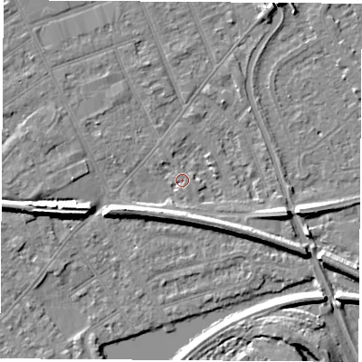 Shaded relief map of the ground around NG103JR, computed from Environment Agency LiDAR. The ground here sits at about 30 m above sea level and falls 8 m across the surrounding 800 m. Surface water reaching this point runs off ground lying to the south-east, 5.2 m higher.