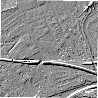 Shaded relief map of the ground around NG103JU, computed from Environment Agency LiDAR. The ground here sits at about 30 m above sea level and falls 7 m across the surrounding 800 m. Surface water reaching this point runs off ground lying to the north-north-west, 0.6 m higher.