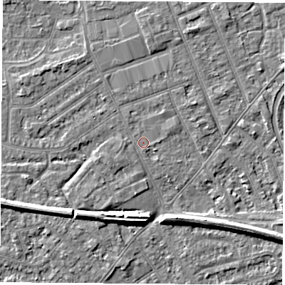 Shaded relief map of the ground around NG103JW, computed from Environment Agency LiDAR. The ground here sits at about 30 m above sea level and falls 7 m across the surrounding 800 m. Surface water reaching this point runs off ground lying to the east-north-east, 0.6 m higher.